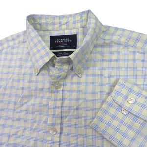 Charles Tyrwhitt Mens Button Down Shirt M Slim Yellow Blue Plaid Cotton Non